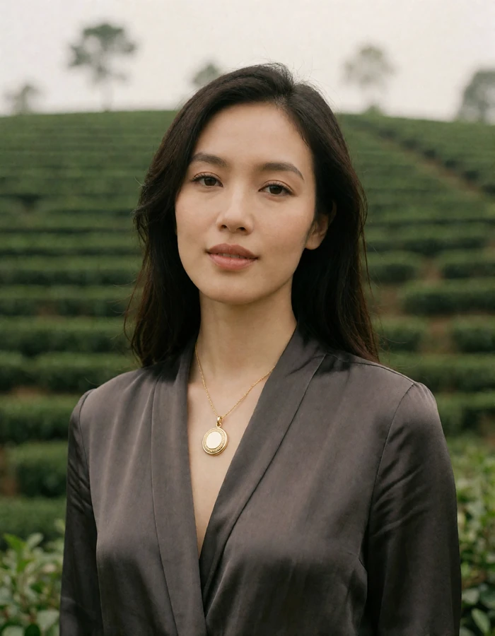 Vietnamese woman in a charcoal silk blouse with a calm gaze near terraced tea-garden greenery