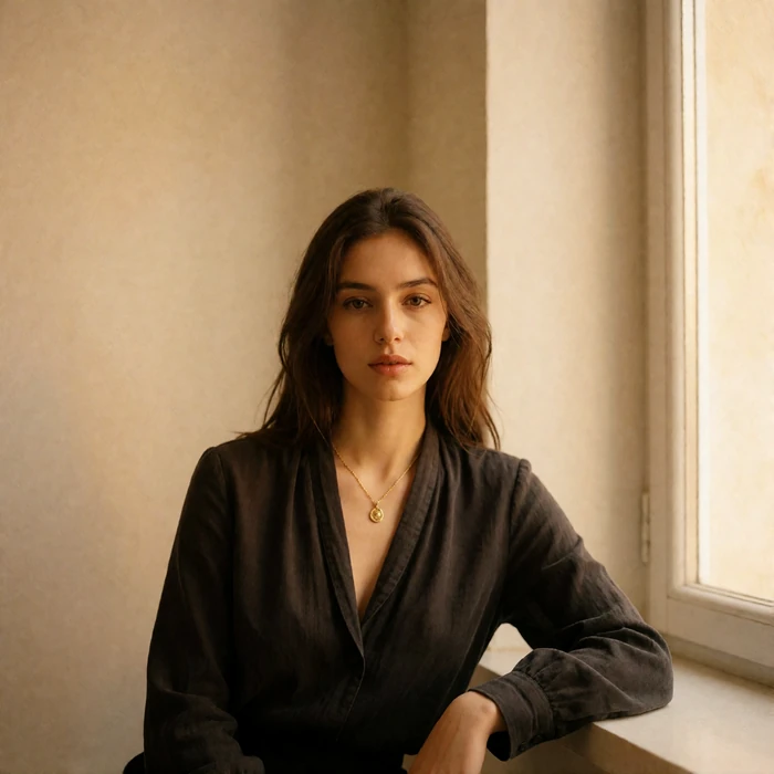 Uzbek woman in a deep charcoal blouse seated beside a window in a warm minimal interior