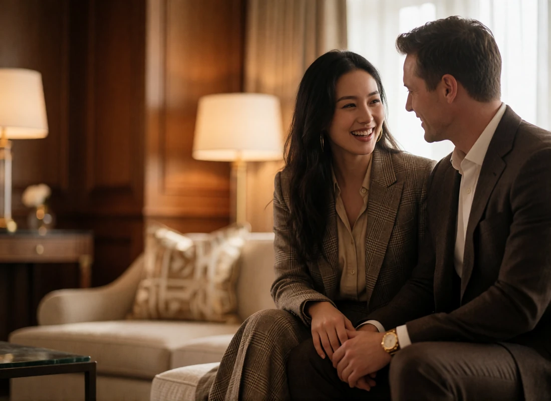 Couple sitting together in a warm hotel lounge, representing the stage after a first international meeting
