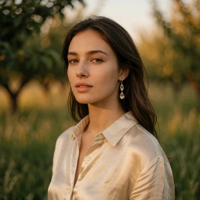 Uzbek woman in a champagne linen shirt standing in a sunlit orchard