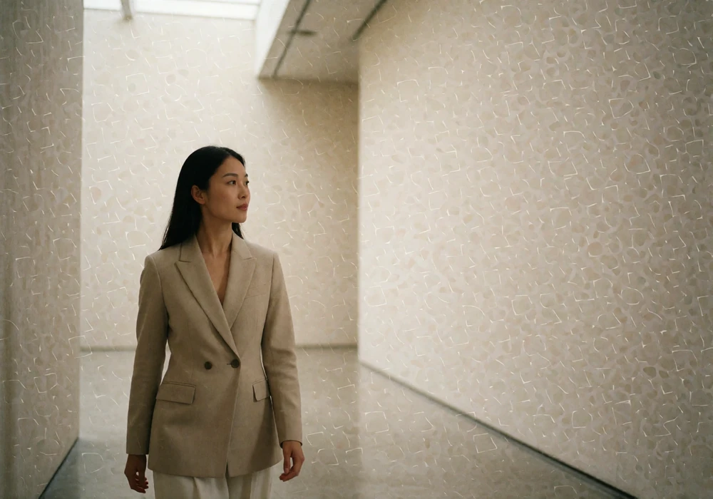 An elegant woman walking through a minimalist gallery corridor in soft daylight