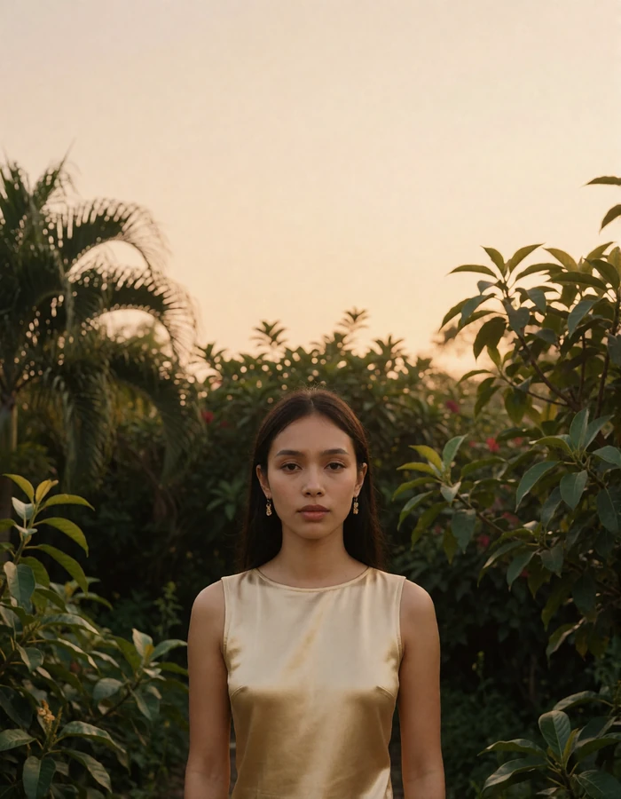 Cambodian woman in a pale gold sleeveless top in a tropical garden at dusk