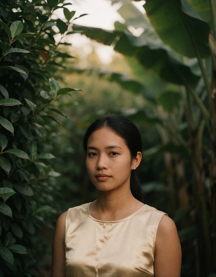 Laotian woman in a pale gold sleeveless top standing in a shaded garden with a quiet contented expression