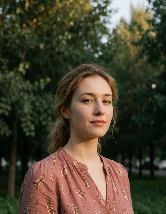 Kazakh woman in a muted rose blouse standing in a tree-lined city park in late-afternoon light