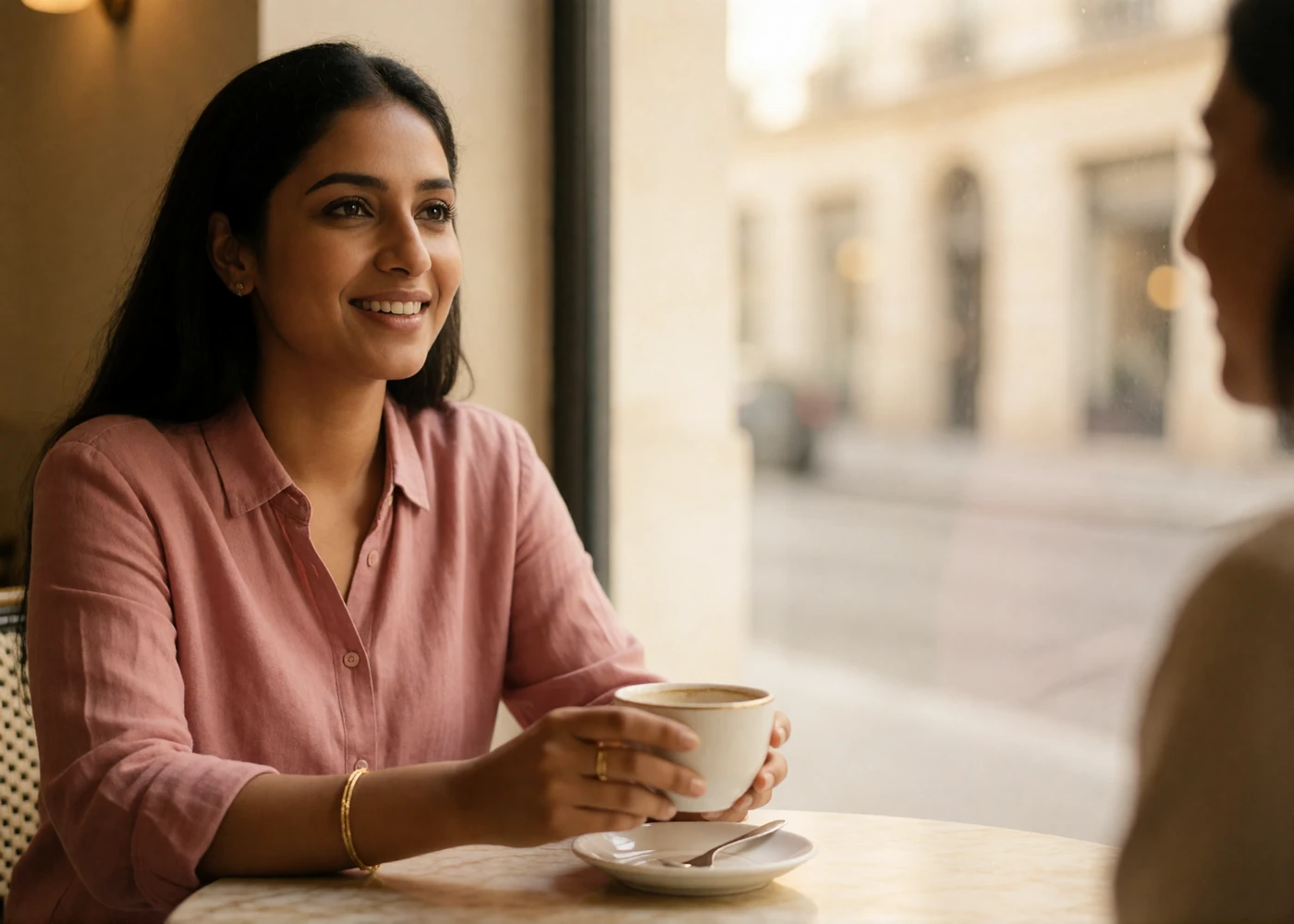Indian woman in a rose linen shirt seated at a marble café table mid-conversation and smiling naturally beside a sunlit window