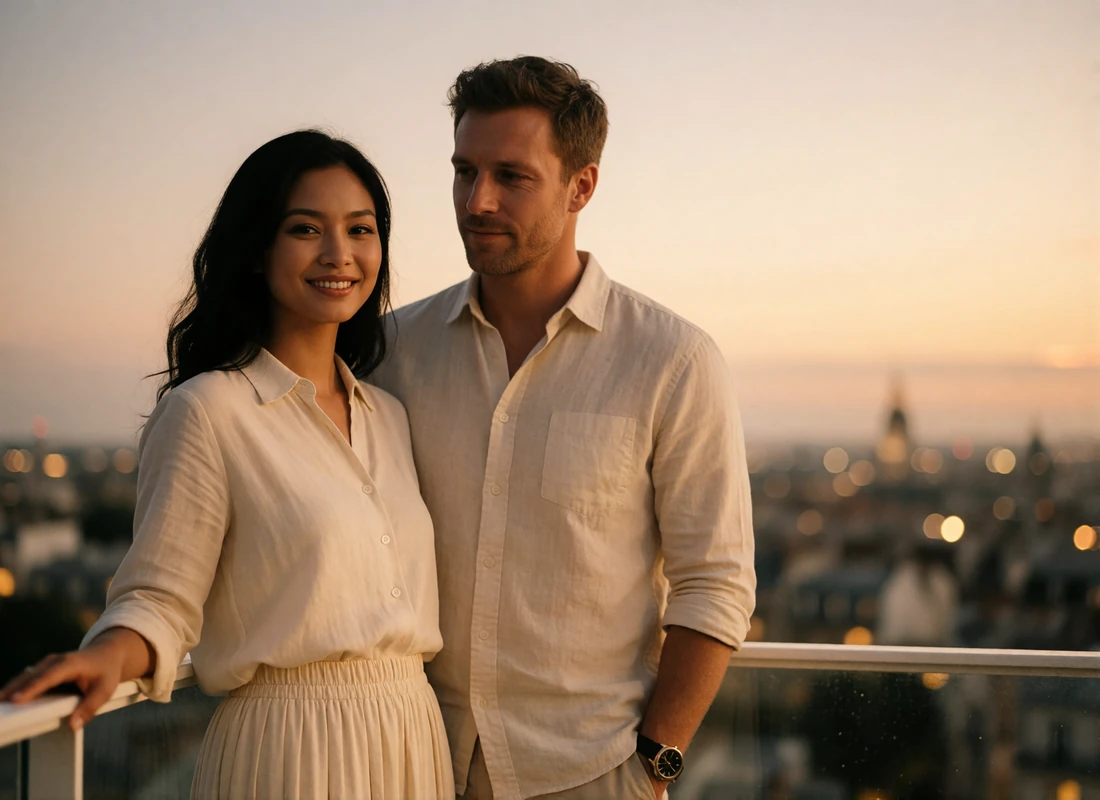 Burmese woman and a Western man standing together on an open terrace at dusk with a soft city skyline behind them