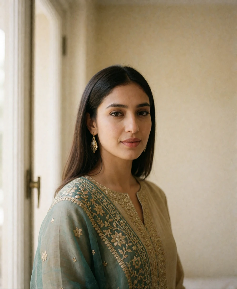 Pakistani woman in a teal and gold embroidered dupatta turning toward the camera near a bright window
