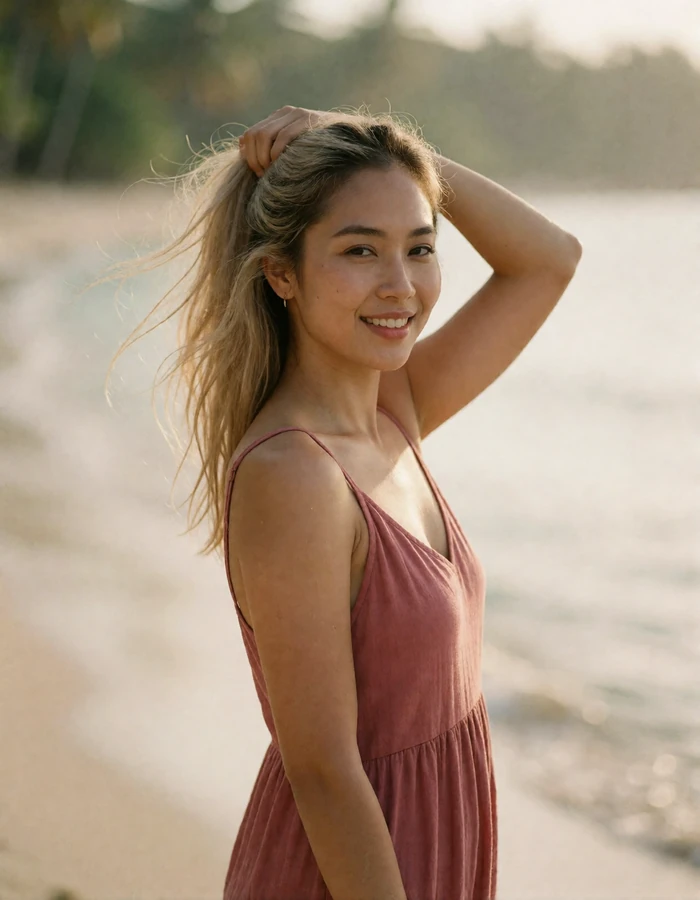Filipina woman in a muted rose sundress smiling by a hazy tropical shoreline with her hair in the breeze
