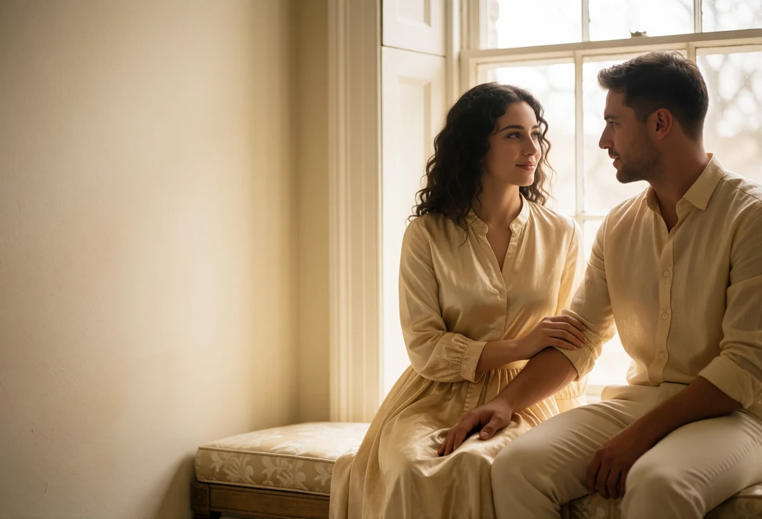 Anonymous couple sitting together beside a tall bright window sharing a quiet moment