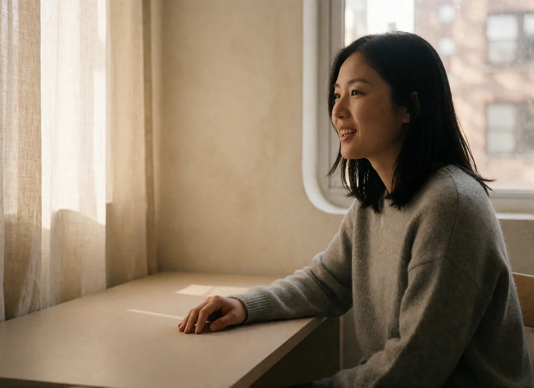Woman speaking warmly during a video call at a bright wooden desk beside a window