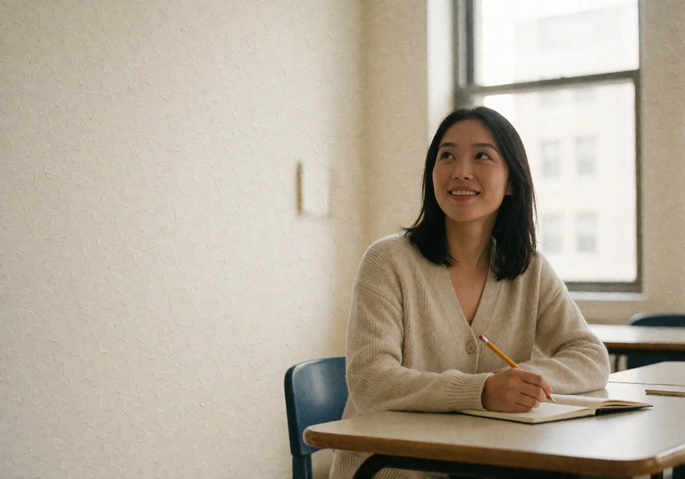 Asian woman sitting attentively at a bright classroom table with a blank notebook, learning a new language