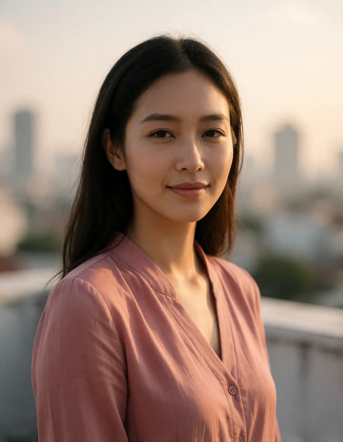 Thai woman in a soft rose blouse on a rooftop terrace at golden hour with a blurred city skyline behind her