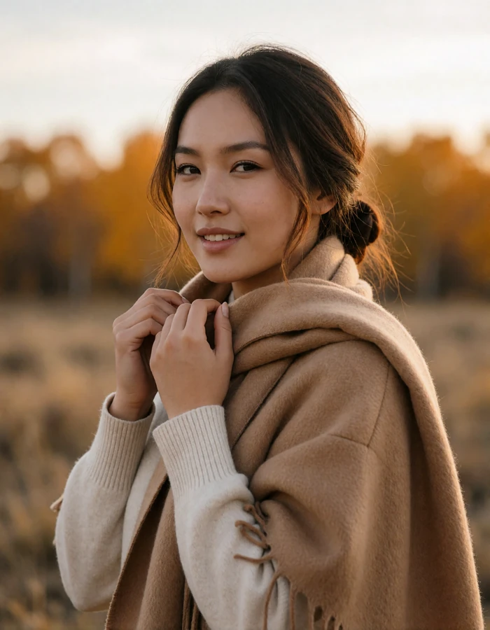 Mongolian woman adjusting a camel wool scarf and smiling gently with muted autumn foliage behind her