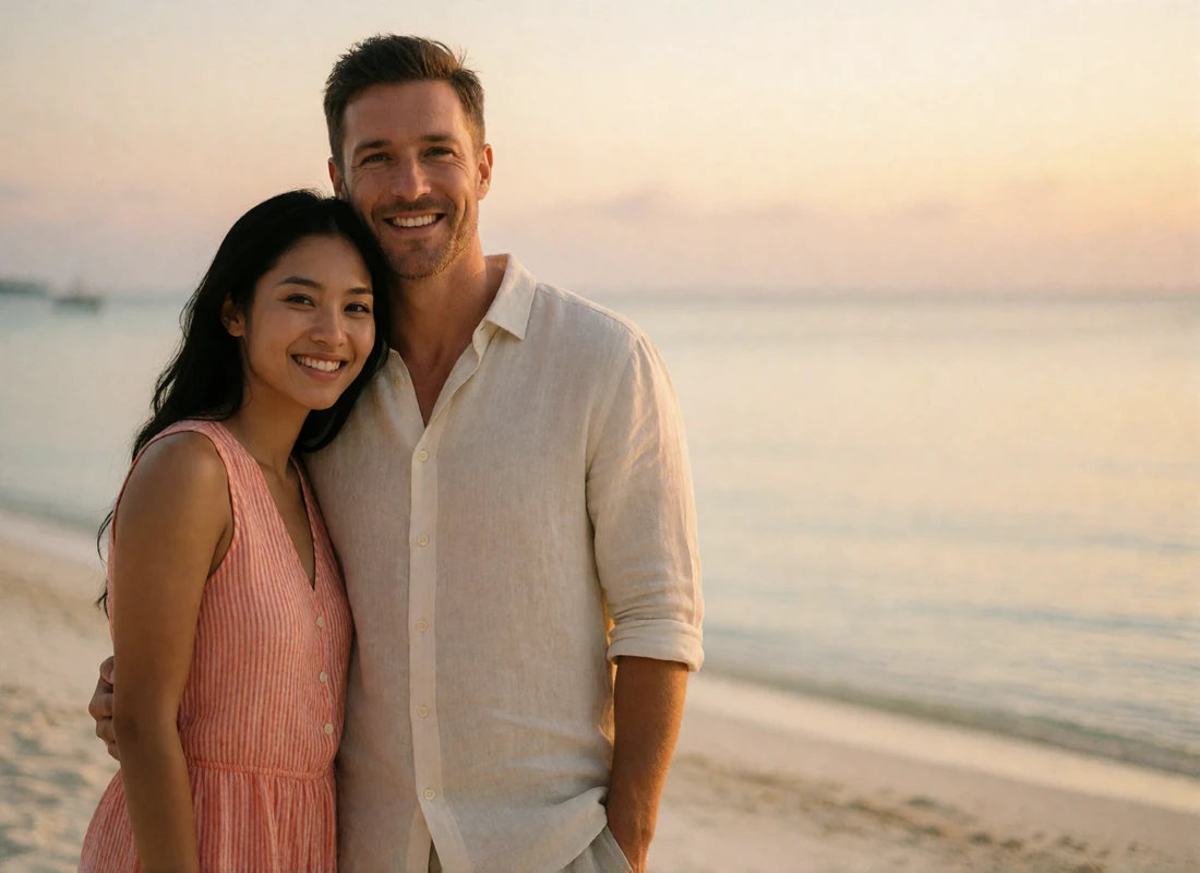 Couple standing together on a quiet tropical beach at sunset, illustrating a first in-person meeting after months of messaging