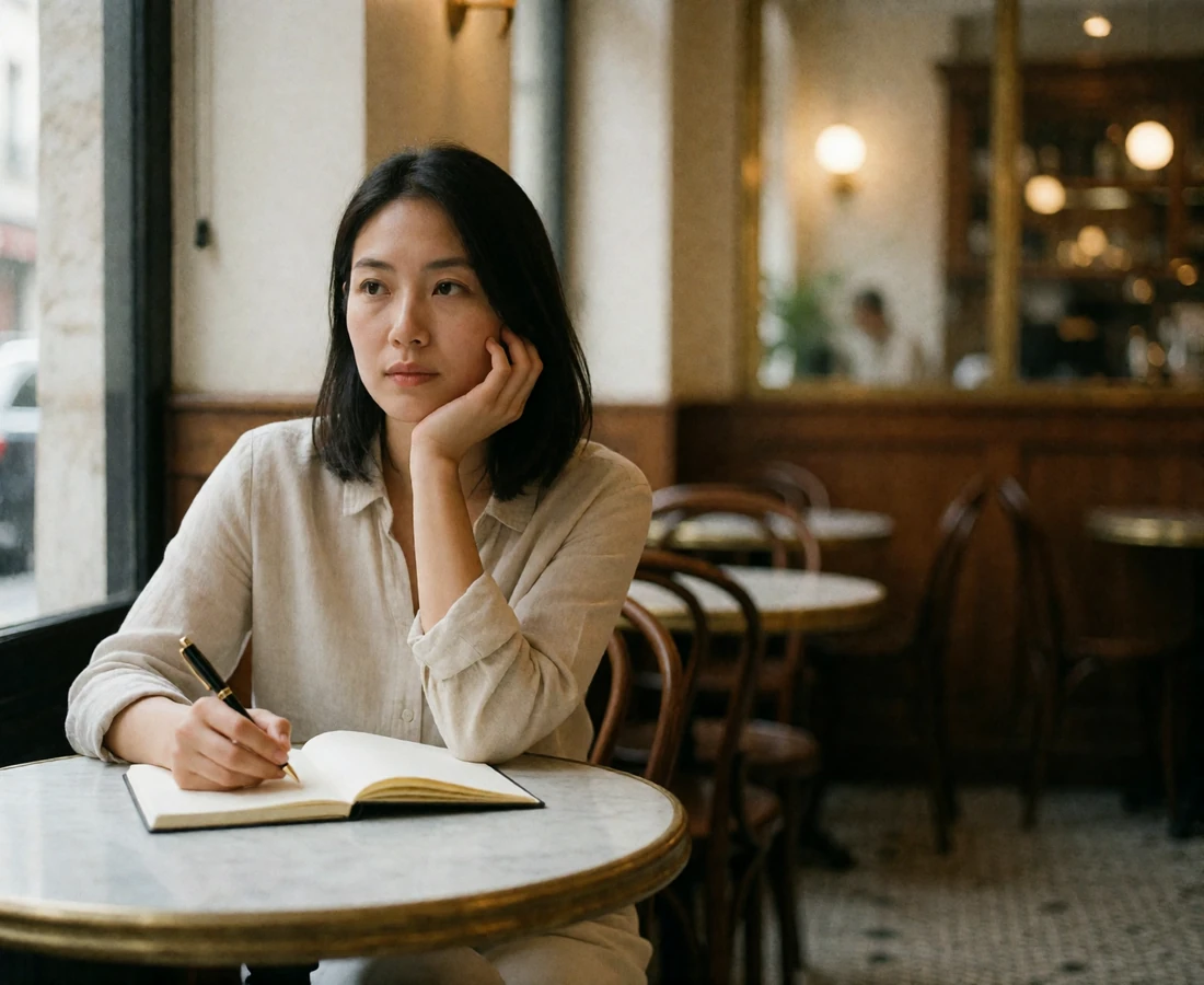 Thoughtful Asian woman at a small cafe table with a notebook, pausing to look toward soft window light