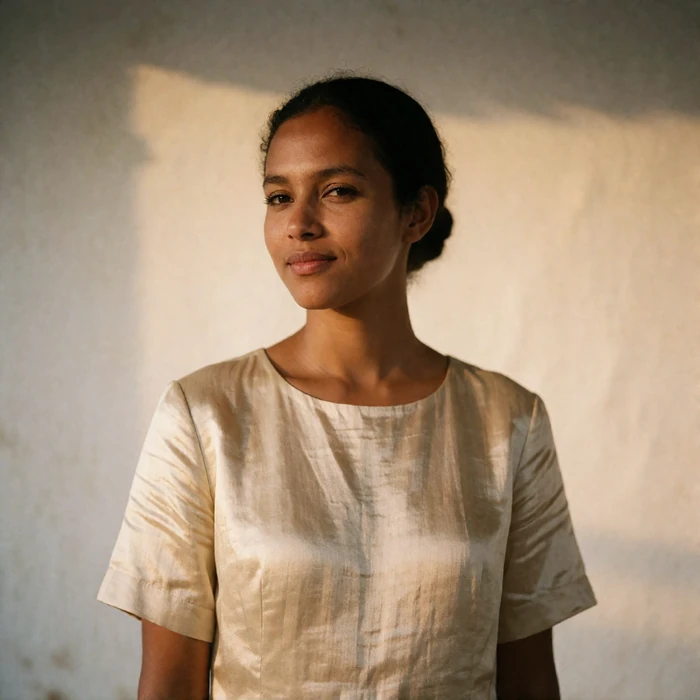 Timorese woman in a champagne linen dress standing in a whitewashed colonial-style courtyard