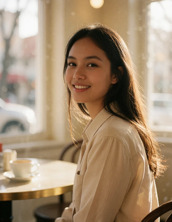 Cambodian woman in a light beige shirt seated at a bright café table, smiling toward the camera
