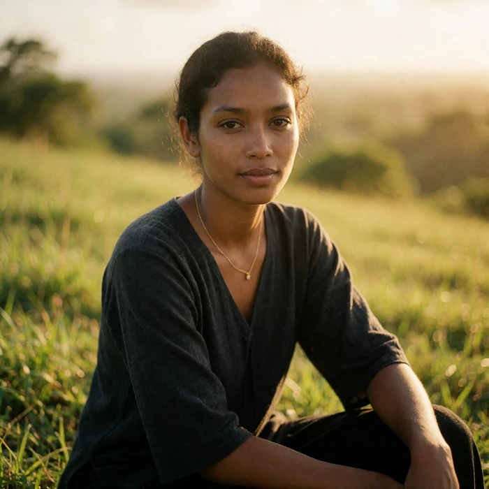 Timorese woman seated on a green hillside at golden hour wearing a fine gold necklace