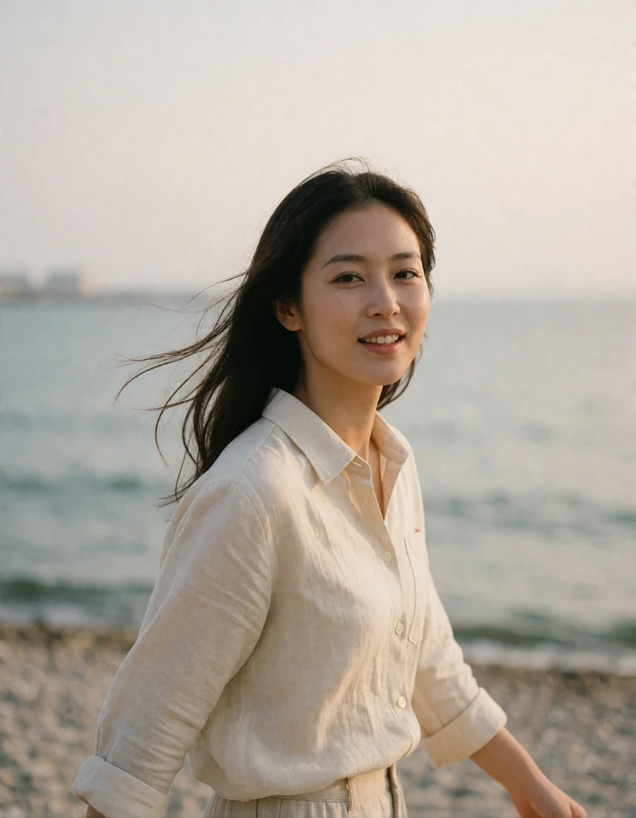 Japanese woman in a cream linen shirt walking along a coastal promenade with hazy sky behind her