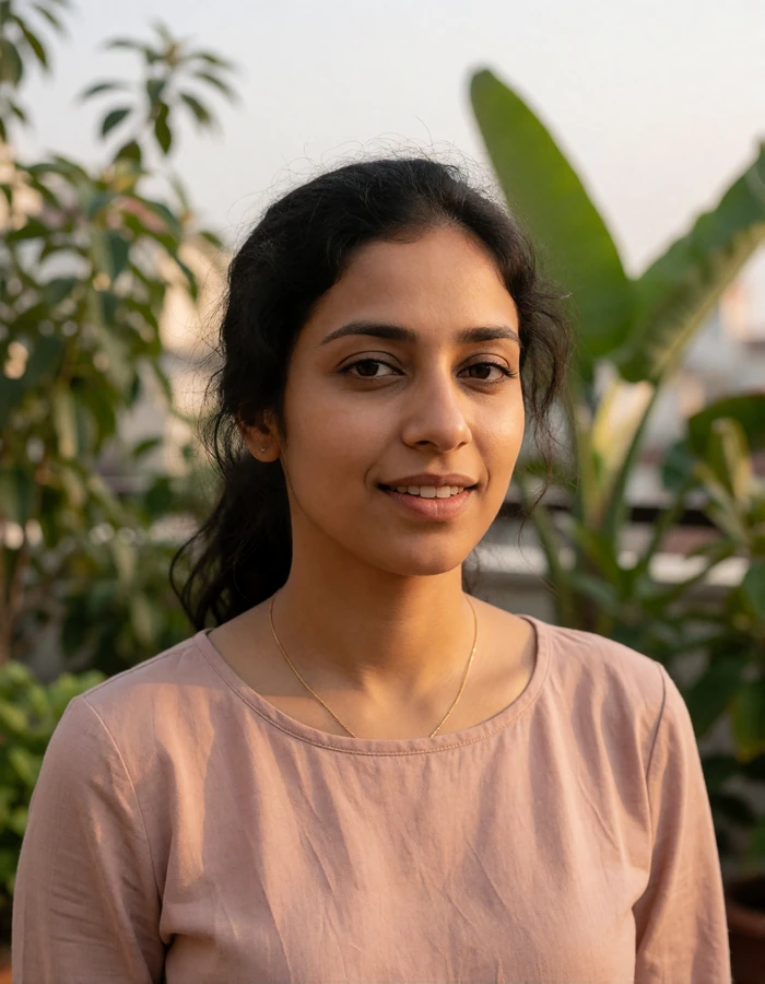 Indian woman in a dusty-rose top on a leafy rooftop terrace glancing toward the camera with a light smile