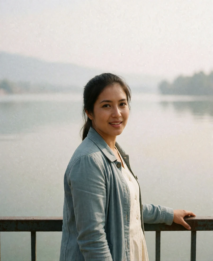Nepali woman in a soft blue jacket standing by a lakeside railing near Pokhara
