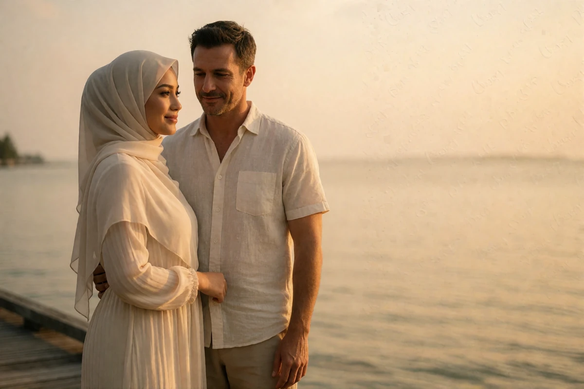 Couple standing together on a quiet waterfront boardwalk at golden hour after months of messaging