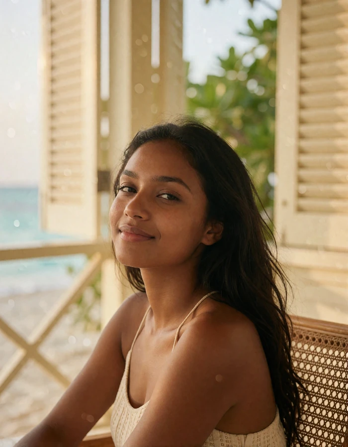 Young Maldivian woman with long dark hair seated on a cane chair beside an open seaside veranda in soft window light
