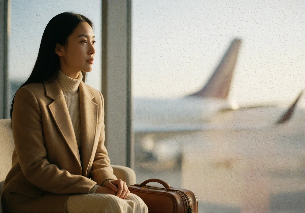 Woman in a camel coat seated beside a floor-to-ceiling airport lounge window in soft daylight