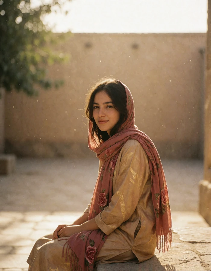 Young Afghan woman sitting on a stone ledge in a courtyard at golden hour with a soft unguarded smile