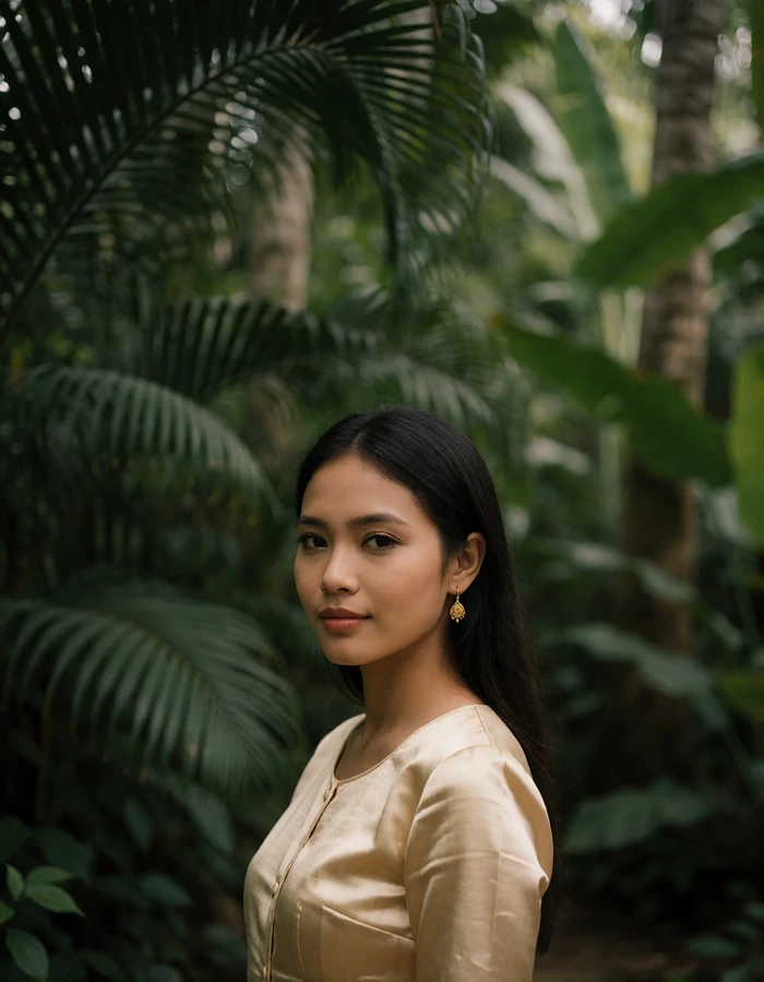 Burmese woman in a pale gold blouse standing in a shaded tropical garden with a quiet contented expression