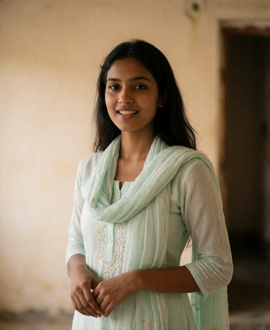 Young Bangladeshi woman in a pale mint salwar kameez smiling in soft morning light near a plastered wall