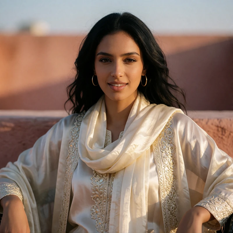 Yemeni woman in a cream scarf with gold hoop earrings smiling on a shaded terrace