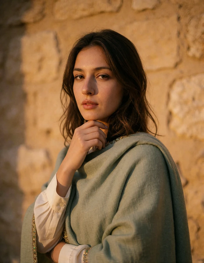 Afghan woman in a muted sage shawl standing against a warm ochre stone wall with a thoughtful expression