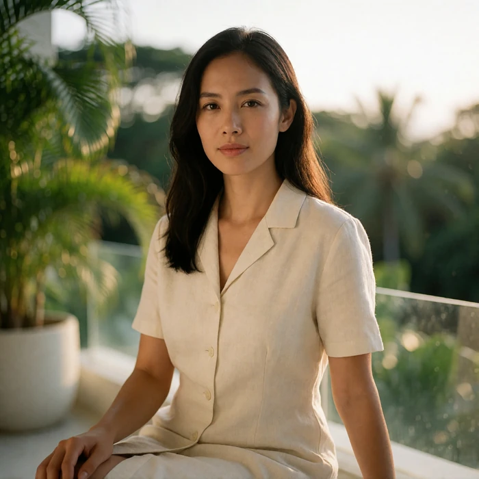Singaporean woman in a cream linen shirt dress seated on a tropical hotel terrace in late afternoon light