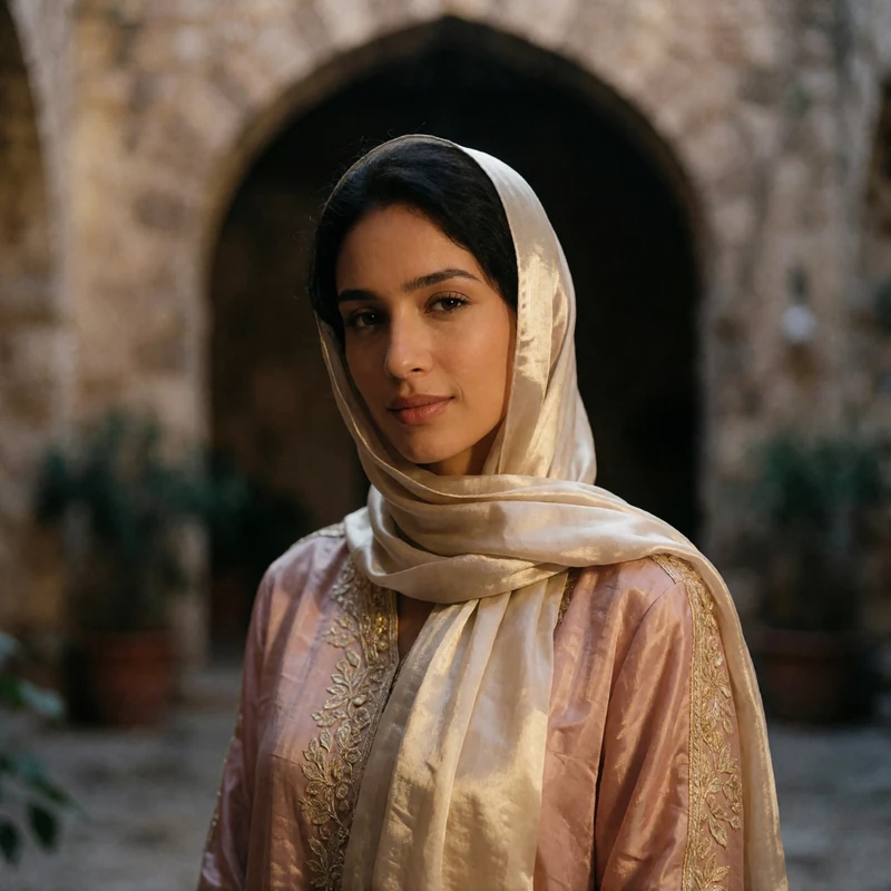 Yemeni woman in a champagne-toned headscarf smiling warmly near a shaded stone courtyard