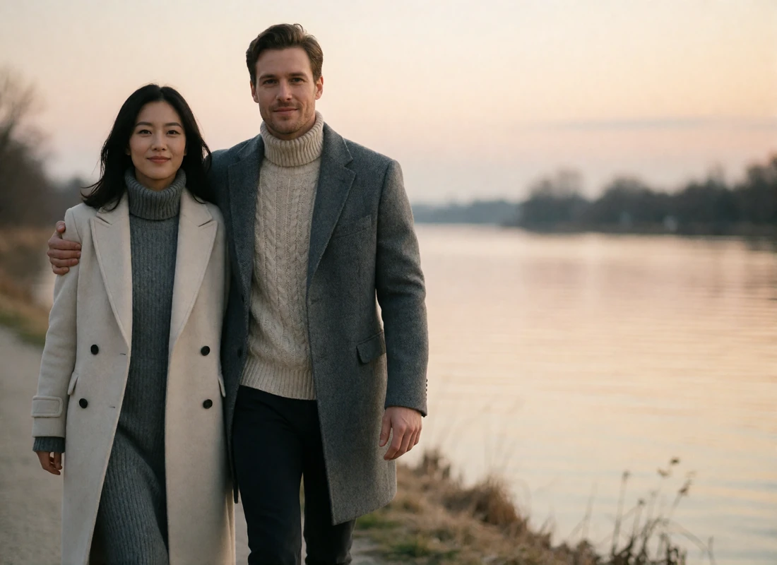 Couple walking together along a quiet riverside path at dusk, arms linked, both smiling gently