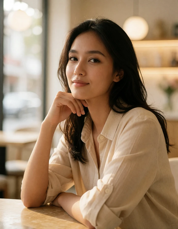 Indonesian woman in a light beige shirt smiling in a bright modern café