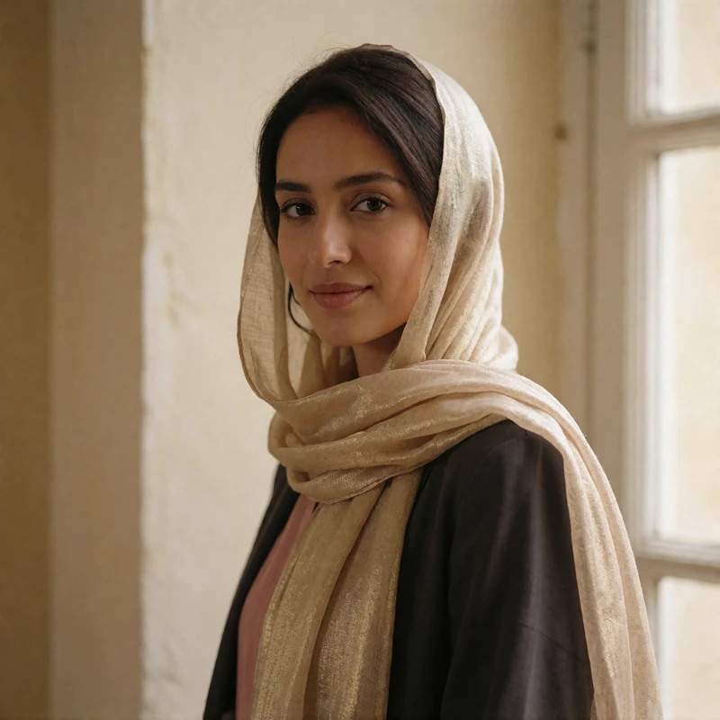 Yemeni woman in a softly draped champagne scarf near a tall window with warm daylight