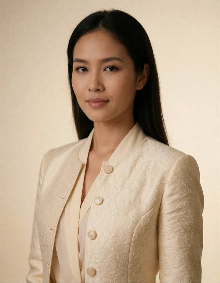 Laotian woman in a tailored cream jacket against a plain ivory studio backdrop with a quiet confident expression