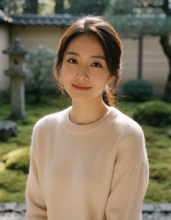 Japanese woman in a pale beige knit sweater smiling warmly in front of a softly blurred Kyoto garden