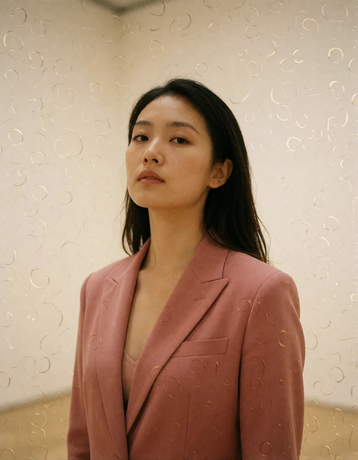 Chinese woman in a muted rose blazer standing thoughtfully in a minimal gallery interior