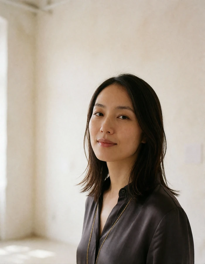 Japanese woman in a charcoal silk blouse with a thin gold chain against a bright minimalist gallery wall