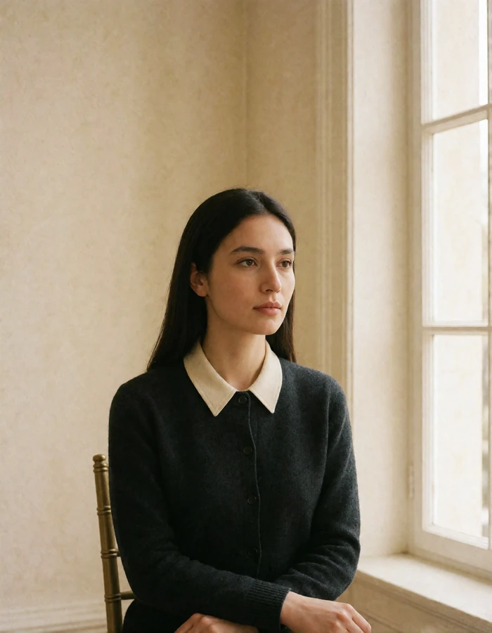 Tajik woman with straight dark hair seated beside a tall window in a bright sparse interior