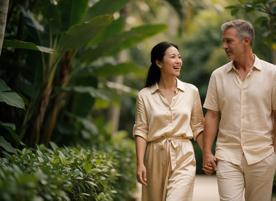 Thai woman and Western man walking through a tropical hotel garden path, hands loosely joined