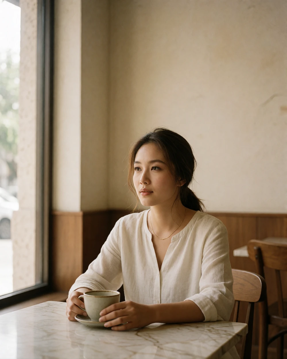 Thai woman in an ivory linen shirt sitting at a marble café table beside a window, glancing thoughtfully off-camera