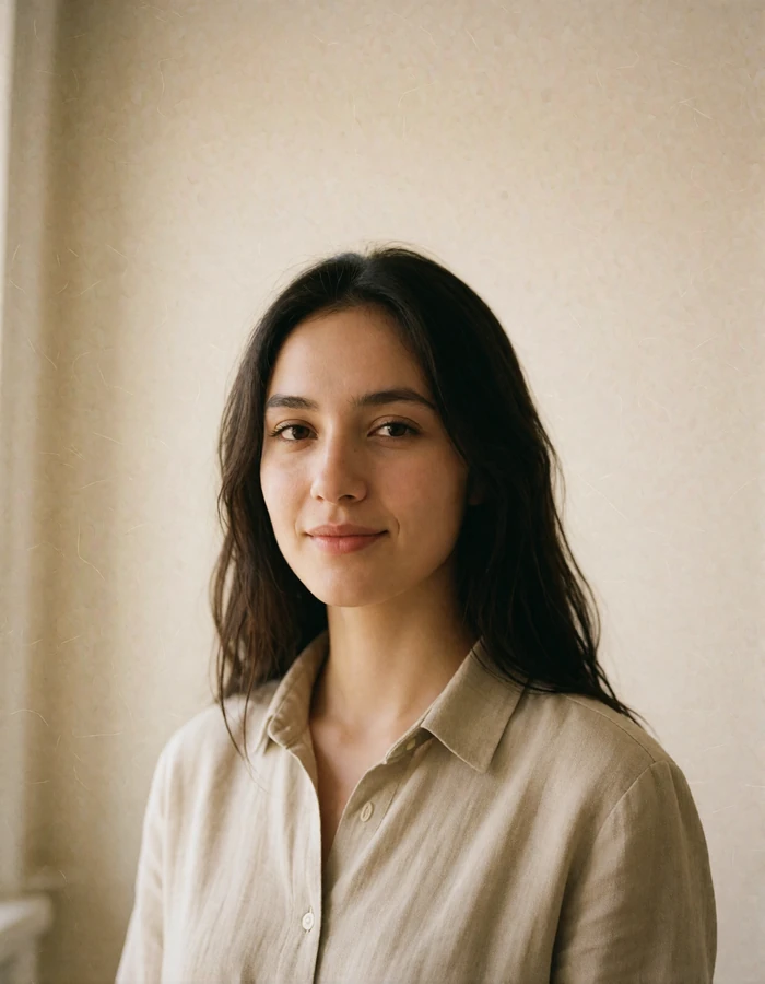 Young Kyrgyz woman with long dark hair in a plain linen shirt standing in soft indoor daylight against a pale wall