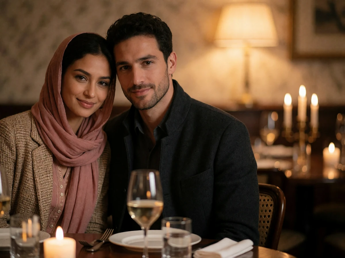 Couple seated together at a candlelit table in a warm restaurant interior, representing the stage after a first international meeting