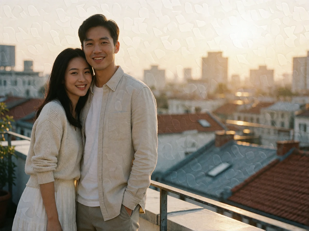Asian couple standing together on a rooftop terrace at golden hour, an example of a first in-person meeting abroad