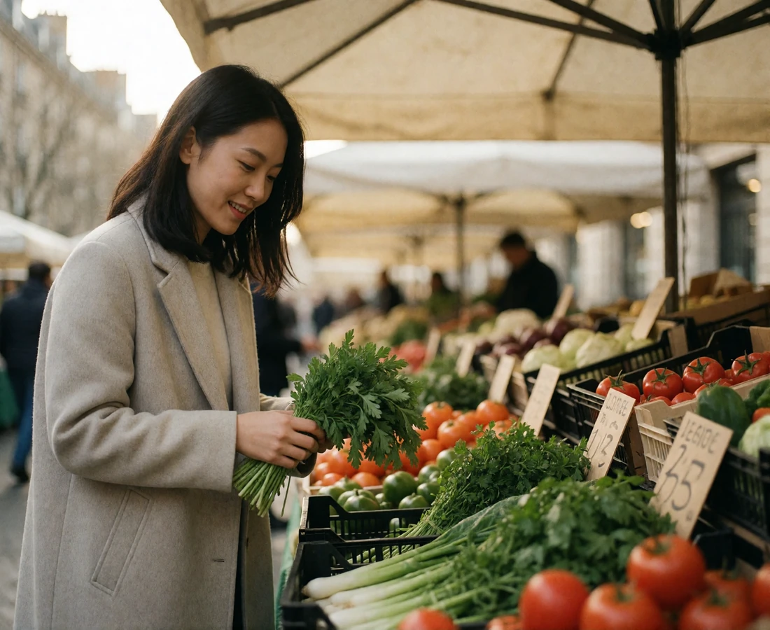 Asian woman browsing fresh herbs and vegetables at an open-air market stall while settling into a new city