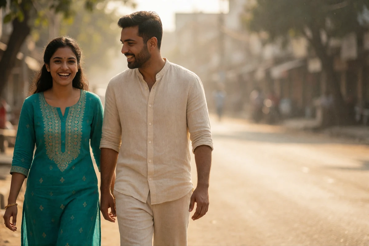 Couple walking together along a sunlit street, laughing, representing life after an initial in-person meeting
